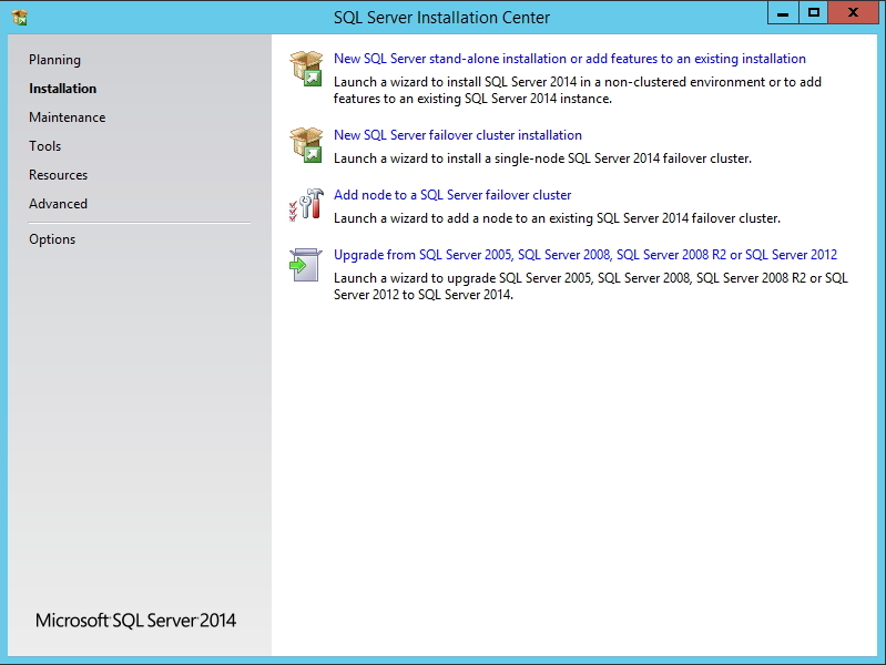 SQL Server 2014 - Home Screen