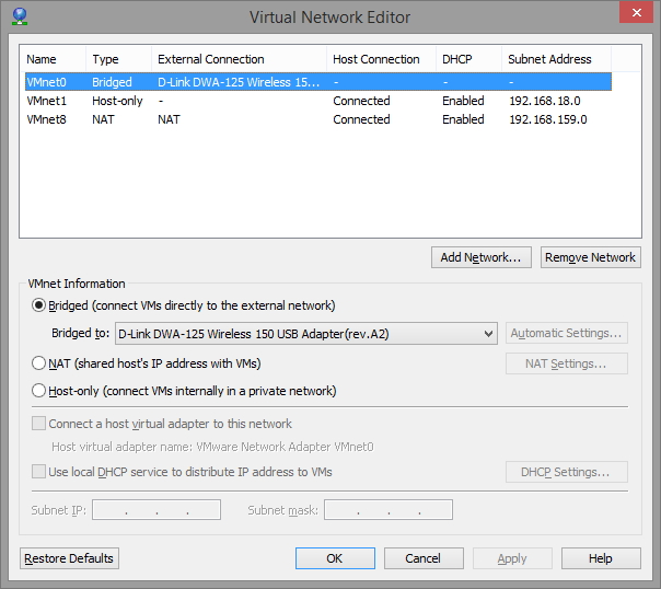 vmware player network settings