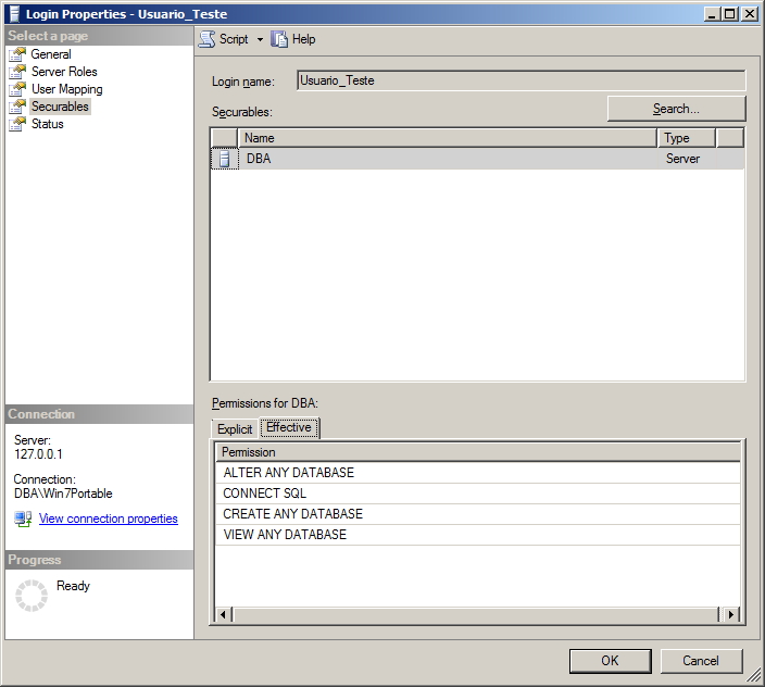 SQL Server - Permissões dos usuários - Interface GUI - Securables Effective