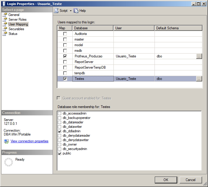 SQL Server - Permissões dos usuários - Interface GUI - User Mapping