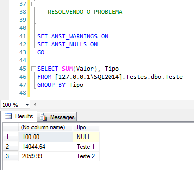 SQL Server - Resolvendo Solving Heterogeneous queries require the ANSI_NULLS and ANSI_WARNINGS options to be set for the connection 2