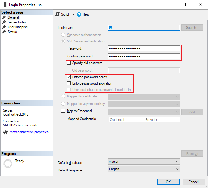 sql server sa account definition